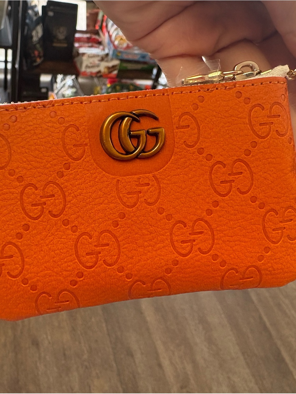 Source Unknown Orange Embossed GG Leather Zip Card Pouch with Gold Hardware